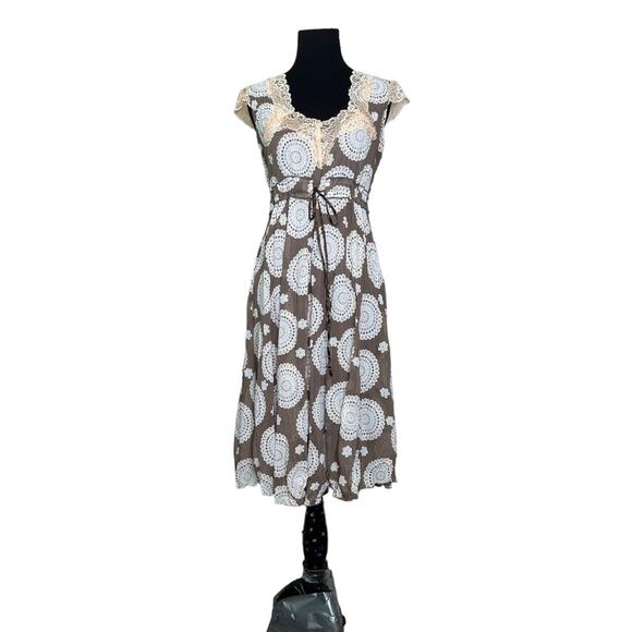 Michelle Kim brown floral cap sleeves laced knee length boho dress size M - Picture 1 of 12